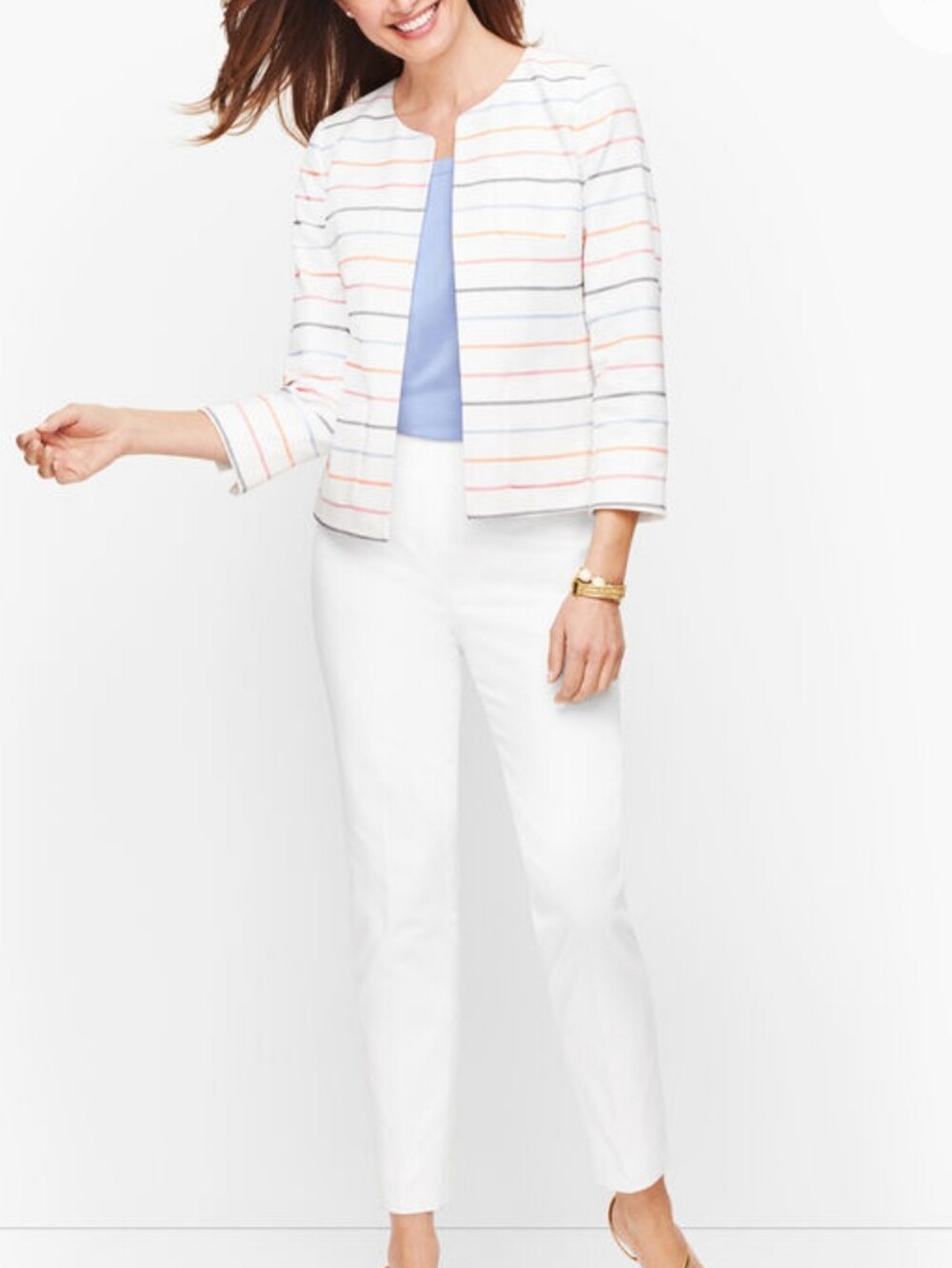 NWT Talbots Striped Biscay Pique Open-Front White Jacket with Pastel Stripes
